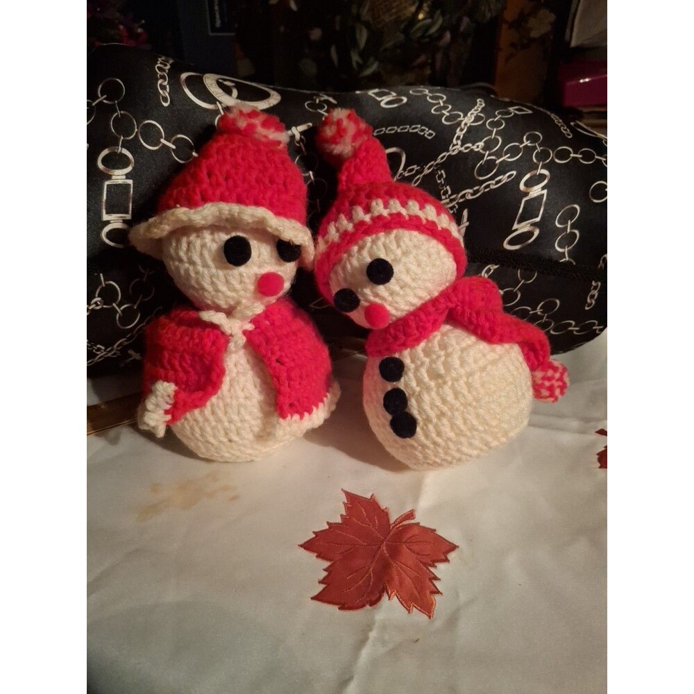 Handmade Vintage Crocheted Christmas Snowman Figures Set